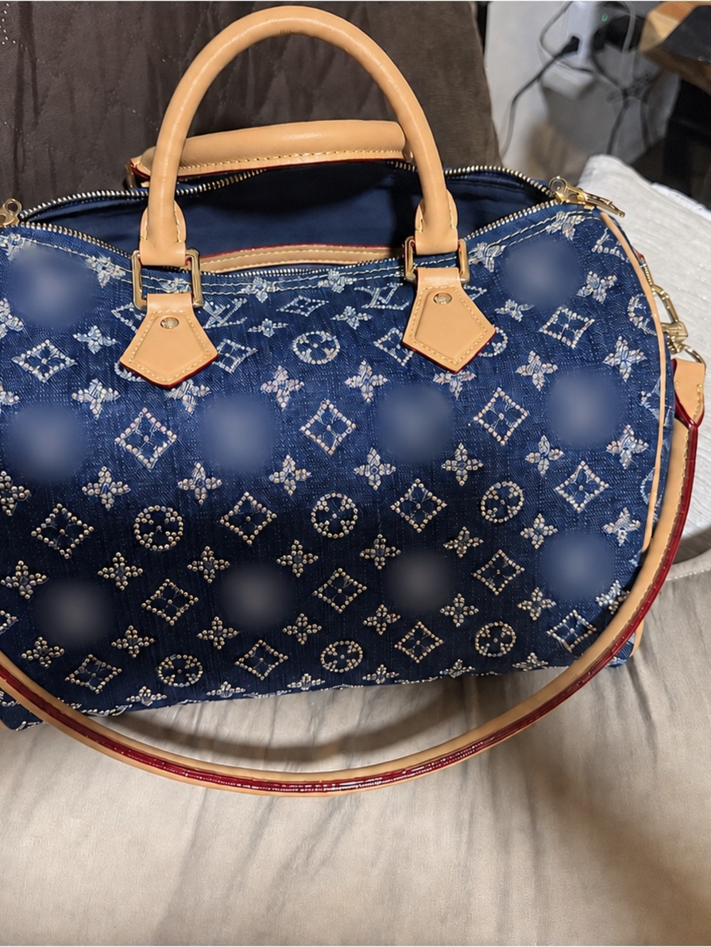 Navy Patterned Satchel with Tan Handles